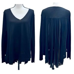 ELIE TAHARI BLACK CASHMERE V-NECK SWEATER WITH PLEATED SILK INSERT IN BACK